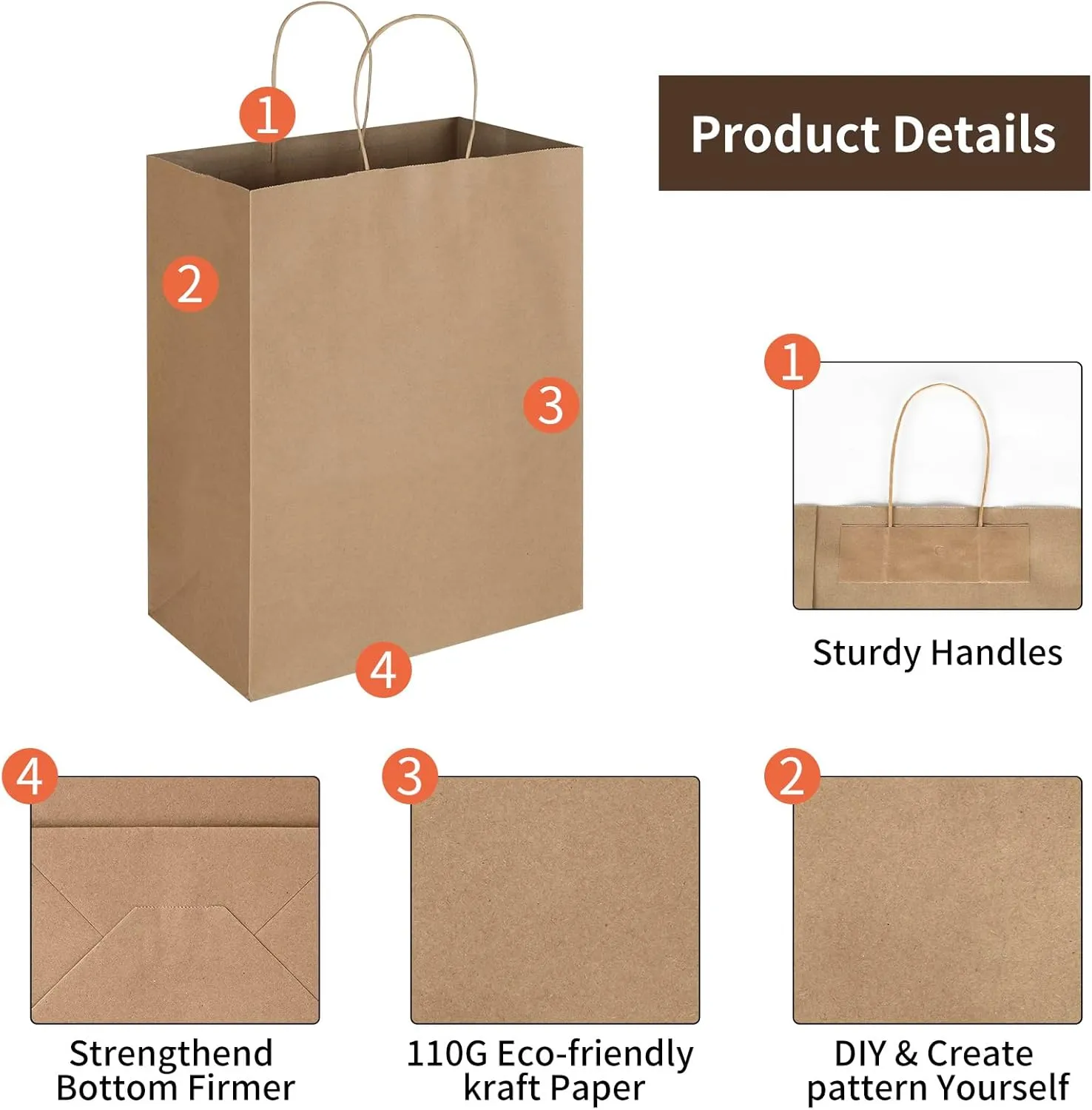 Oikss 100 Pack 10x5x13 Plain Natural Brown Kraft Paper Bags with Handles Bulk for Birthday Party Favors Grocery Retail Shopping Business Goody Recycled Craft Gift Bags (Large Size, 100 Count)