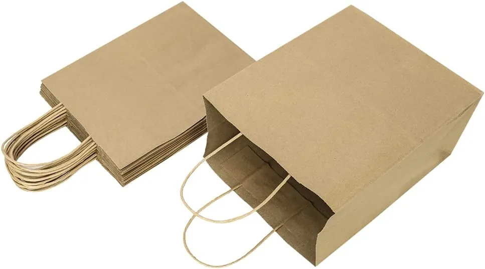 Oikss 100 Pack 8x4.75x10 Inch Medium Brown Kraft Paper Bags with Handles Bulk for Wedding Birthday Party Favors Grocery Retail Shopping Business Goody Craft Gift Bags Sacks (Plain Natural 100 Count)