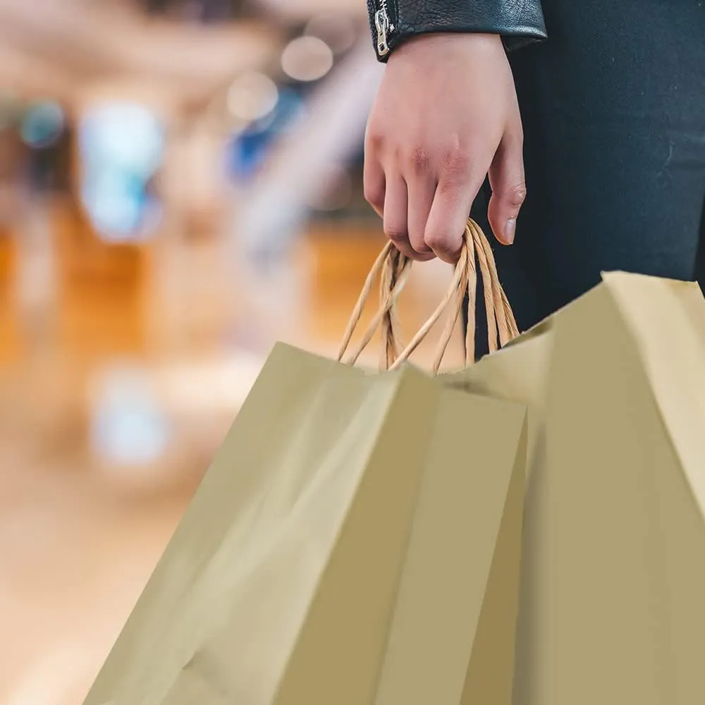 Oikss 100 Pack 8x4.75x10 Inch Medium Brown Kraft Paper Bags with Handles Bulk for Wedding Birthday Party Favors Grocery Retail Shopping Business Goody Craft Gift Bags Sacks (Plain Natural 100 Count)