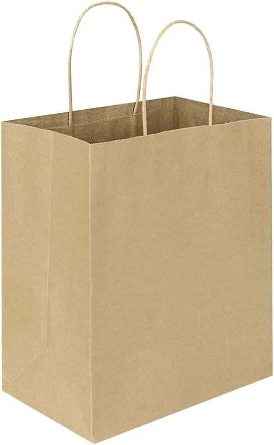 Oikss 100 Pack 8x4.75x10 Inch Medium Brown Kraft Paper Bags with Handles Bulk for Wedding Birthday Party Favors Grocery Retail Shopping Business Goody Craft Gift Bags Sacks (Plain Natural 100 Count)
