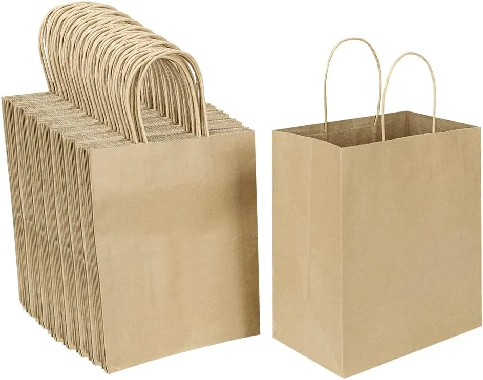 Oikss 100 Pack 8x4.75x10 Inch Medium Brown Kraft Paper Bags with Handles Bulk for Wedding Birthday Party Favors Grocery Retail Shopping Business Goody Craft Gift Bags Sacks (Plain Natural 100 Count)
