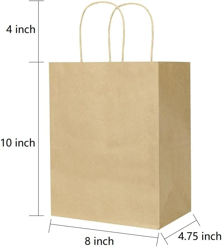 Oikss 100 Pack 8x4.75x10 Inch Medium Brown Kraft Paper Bags with Handles Bulk for Wedding Birthday Party Favors Grocery Retail Shopping Business Goody Craft Gift Bags Sacks (Plain Natural 100 Count)