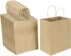 Oikss 100 Pack 8x4.75x10 Inch Medium Brown Kraft Paper Bags with Handles Bulk for Wedding Birthday Party Favors Grocery Retail Shopping Business Goody Craft Gift Bags Sacks (Plain Natural 100 Count)