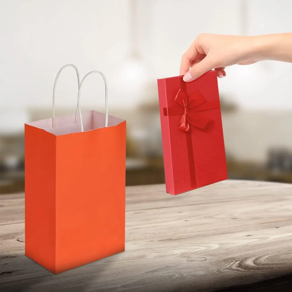 Oikss 50 Pack 5.25x3.25x8.25 Inch Small Orange Kraft Paper Bags with Handles Bulk for Birthday Wedding Party Favors Grocery Retail Shopping Business Goody Craft Gift Bags Cub Sacks, 50 Count