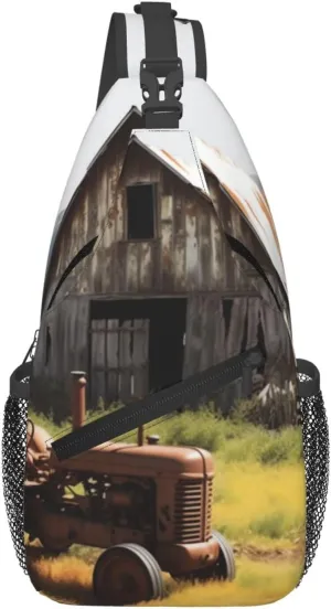 Old Wooden Barn with Rusted Tractor Cross Chest Bag Diagonally Sling Bag for Men Women Crossbody Shoulder Bag Travel Hiking Daypack