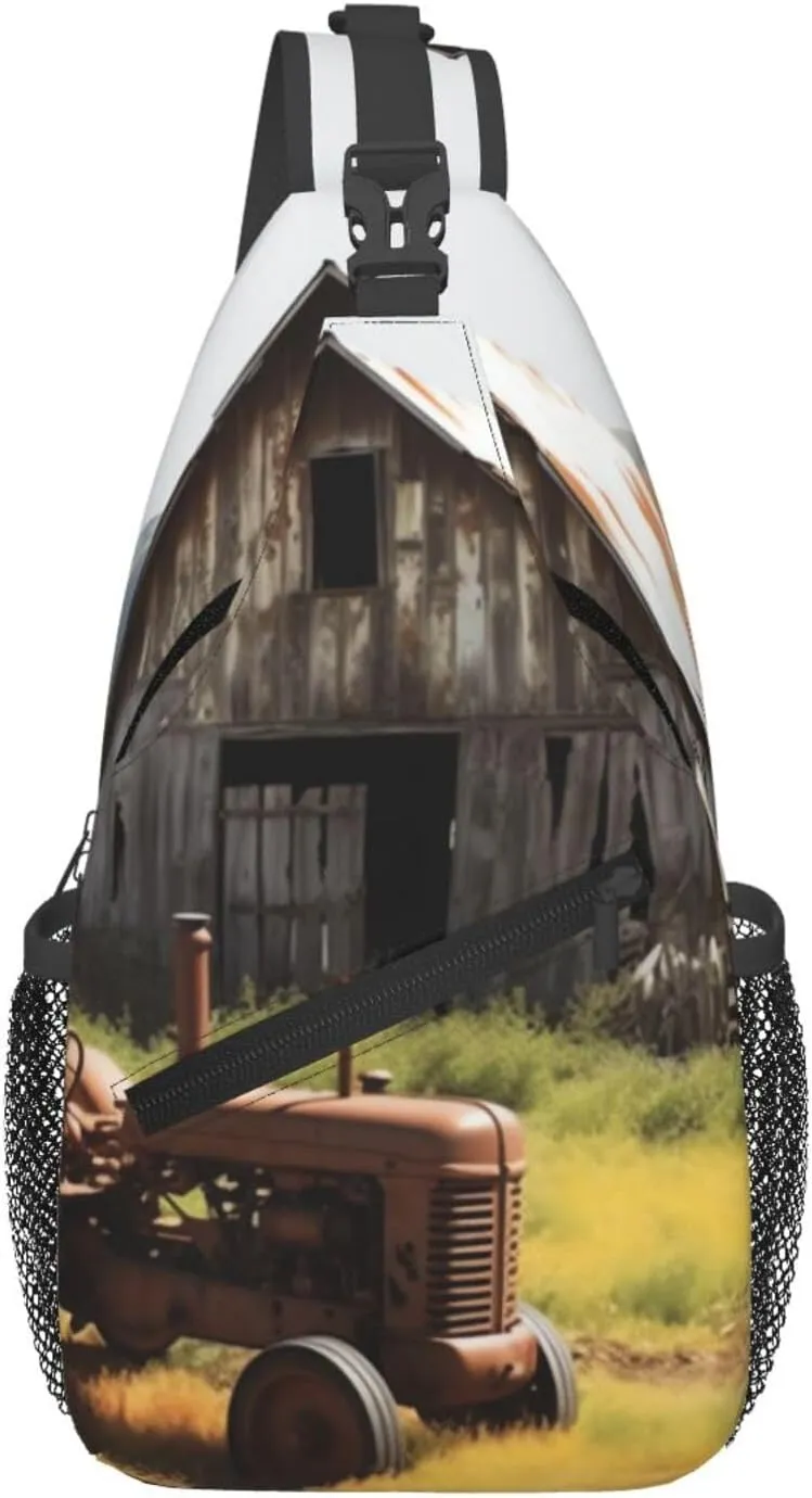 Old Wooden Barn with Rusted Tractor Cross Chest Bag Diagonally Sling Bag for Men Women Crossbody Shoulder Bag Travel Hiking Daypack