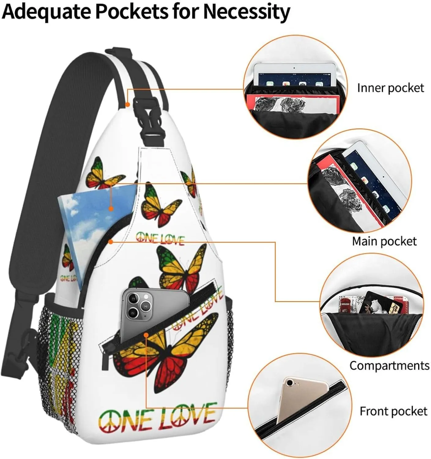 One Loves Butterfly Rasta Reggae Peace Rastafari Roots Crossbody Sling Bag Chest Bags Casual Shoulder Backpack Sport Fanny Pack Gym Diagonally Daypack with Adjustable Strap for Running