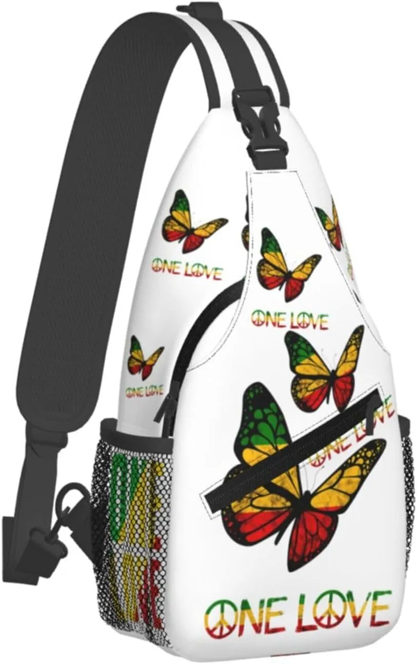 One Loves Butterfly Rasta Reggae Peace Rastafari Roots Crossbody Sling Bag Chest Bags Casual Shoulder Backpack Sport Fanny Pack Gym Diagonally Daypack with Adjustable Strap for Running