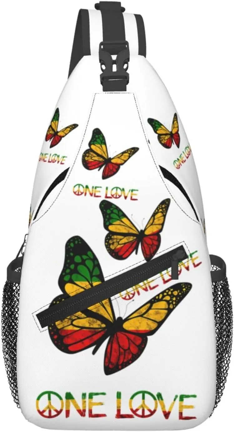 One Loves Butterfly Rasta Reggae Peace Rastafari Roots Crossbody Sling Bag Chest Bags Casual Shoulder Backpack Sport Fanny Pack Gym Diagonally Daypack with Adjustable Strap for Running