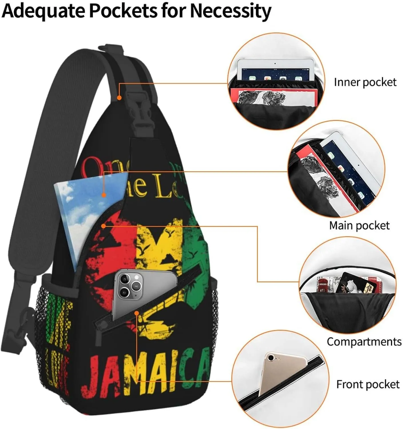 One Loves Jamaican Rasta Reggae Crossbody Sling Bag Chest Bags Casual Shoulder Backpack Sport Fanny Pack Gym Diagonally Daypack with Adjustable Strap for Running