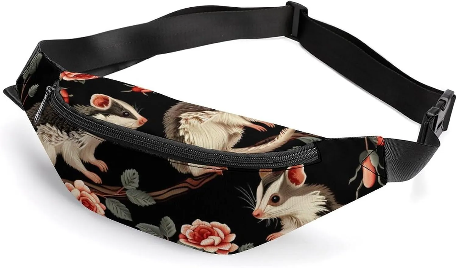 Opossum Floral Crossbody Fanny Pack Waist Packs Adjustable Shoulder Bags Sling Bag for Hiking Running Cycling