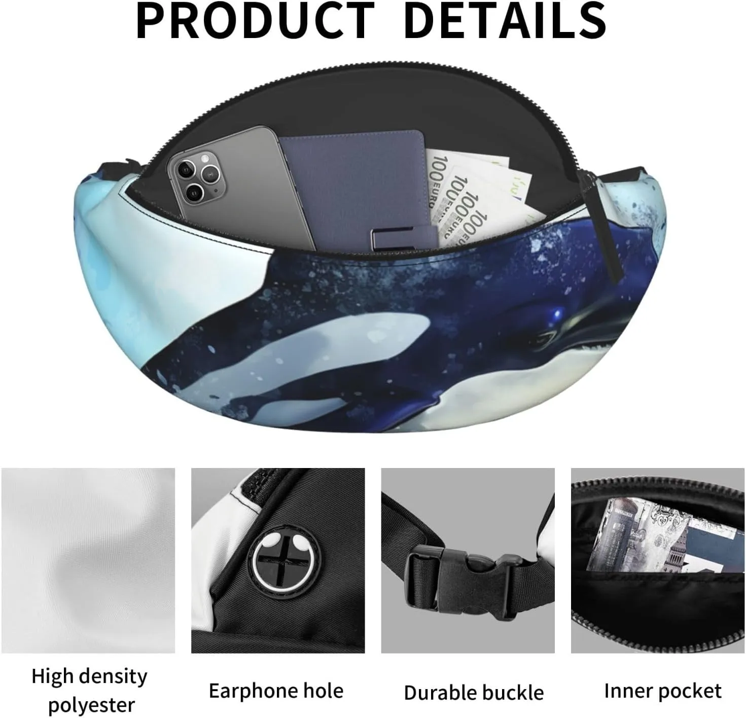 Orca Killer Whale Fanny Pack for Women Men Waist Bag Waterproof Belt Bag with Adjustable Strap