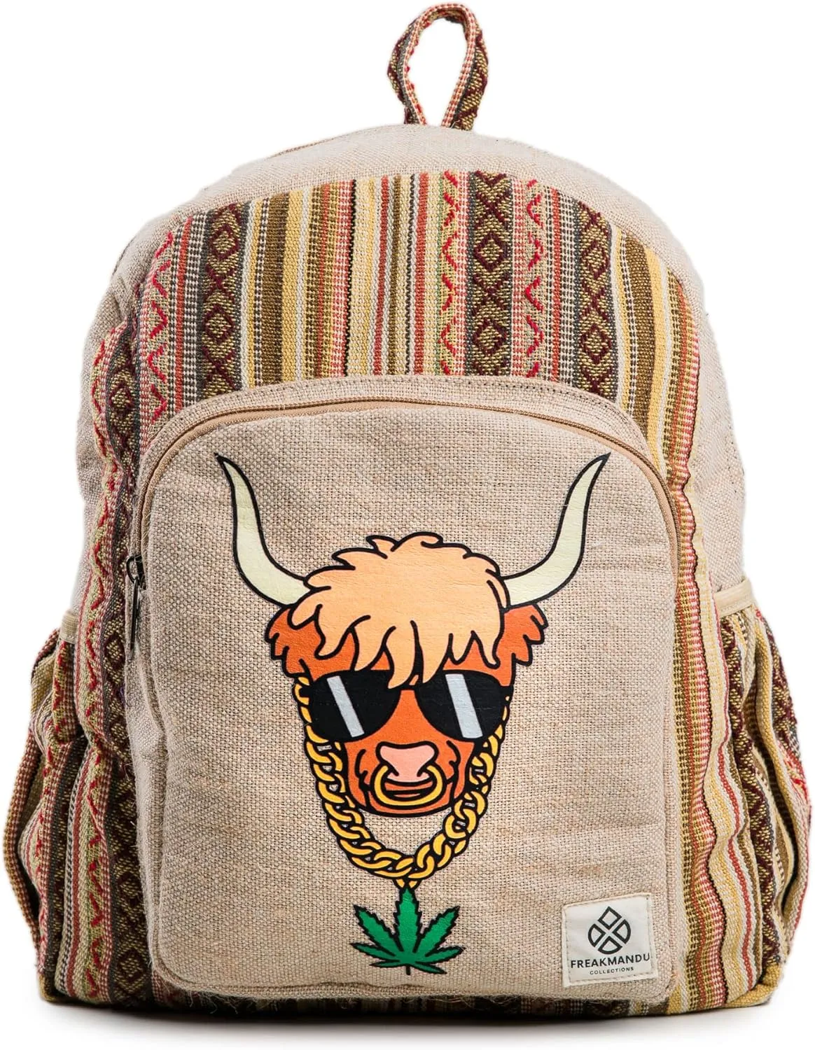Organic Hemp Backpack Bag - Eco Friendly Hippie Yak Design Durable Functional Traveling Hiking Friendly Casual Daypack Bag by Freakmandu