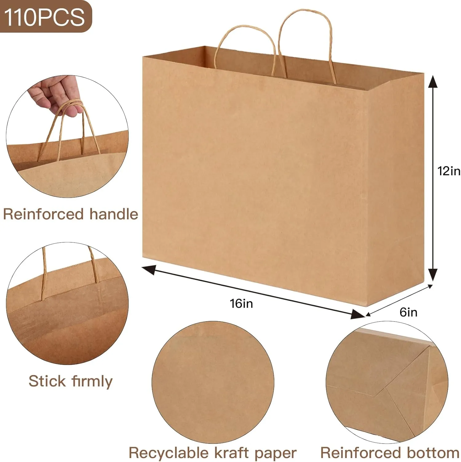 OUTUXED 110pcs 16x6x12 Inch Brown Paper Bags with Handles, Kraft Large Paper Gift Bags Bulk for Small Business, Merchandise, Gifts, Shopping, Grocery