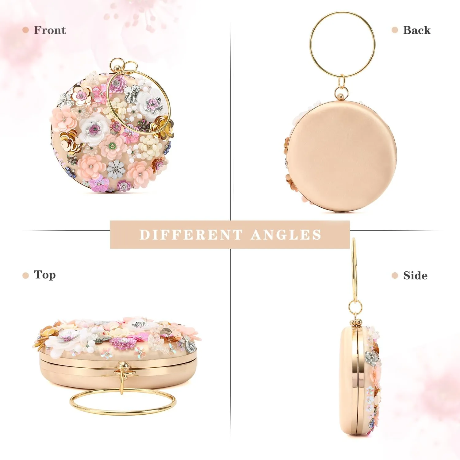 Oweisong Floral Clutch Purses for Women Gold Flower Evening Handbag Formal Wedding Beaded Chain Shoulder Bag