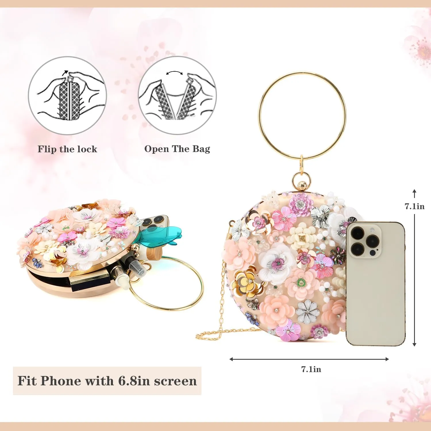 Oweisong Floral Clutch Purses for Women Gold Flower Evening Handbag Formal Wedding Beaded Chain Shoulder Bag