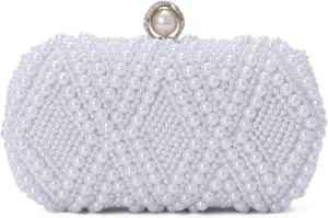 Oweisong White Pearl Clutch Purse for Women Bridal Wedding Evening Bags Small Formal Beaded Handbags with Chain