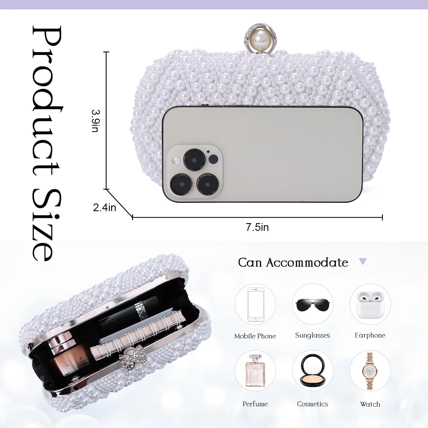 Oweisong White Pearl Clutch Purse for Women Bridal Wedding Evening Bags Small Formal Beaded Handbags with Chain