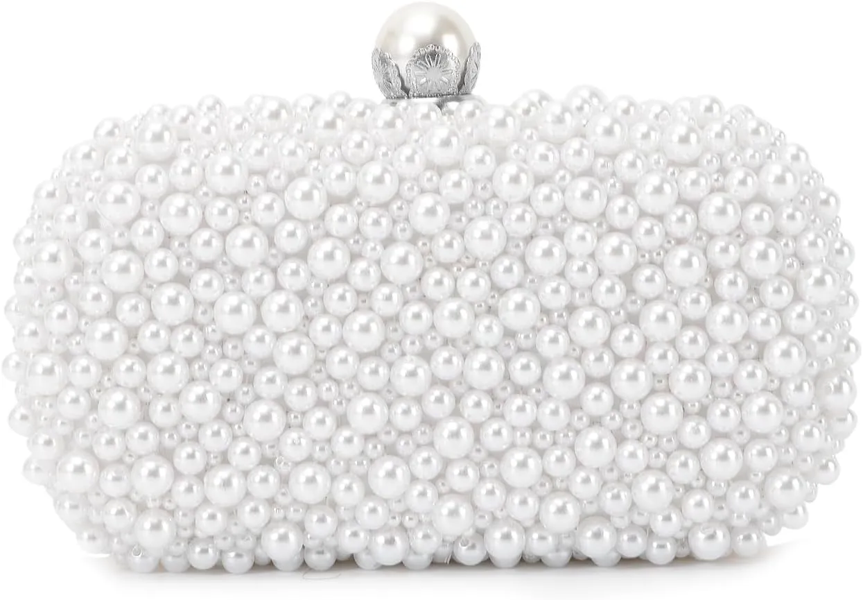 Oweisong White Pearl Clutch Purses for Women Beaded Clutch Bag Formal Wedding Bride Evening Bag Party Tote Handbag