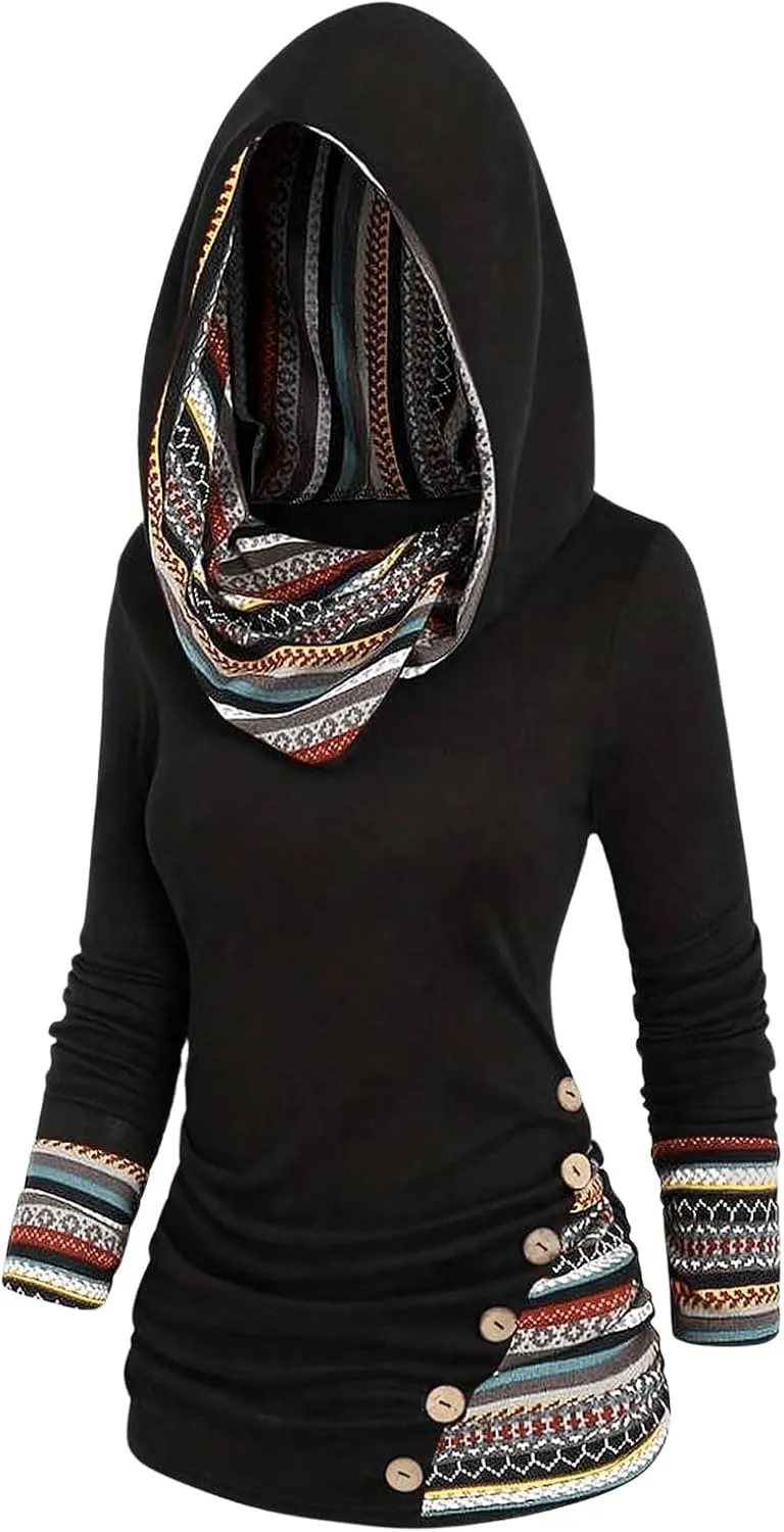 OYOANGLE Women's Boho Printed Long Sleeve Hooded Sweatshirts Button Decor Pullover Casual Shirts Tops