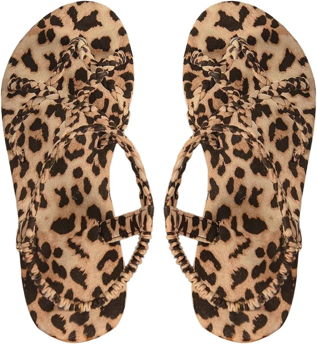 OYOANGLE Women's Leopard Print Flat Sandals Braided Criss Cross Strappy Open Toe Vacation Casual Sandal
