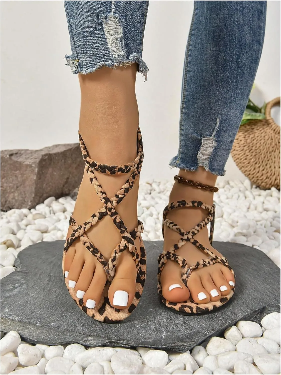 OYOANGLE Women's Leopard Print Flat Sandals Braided Criss Cross Strappy Open Toe Vacation Casual Sandal