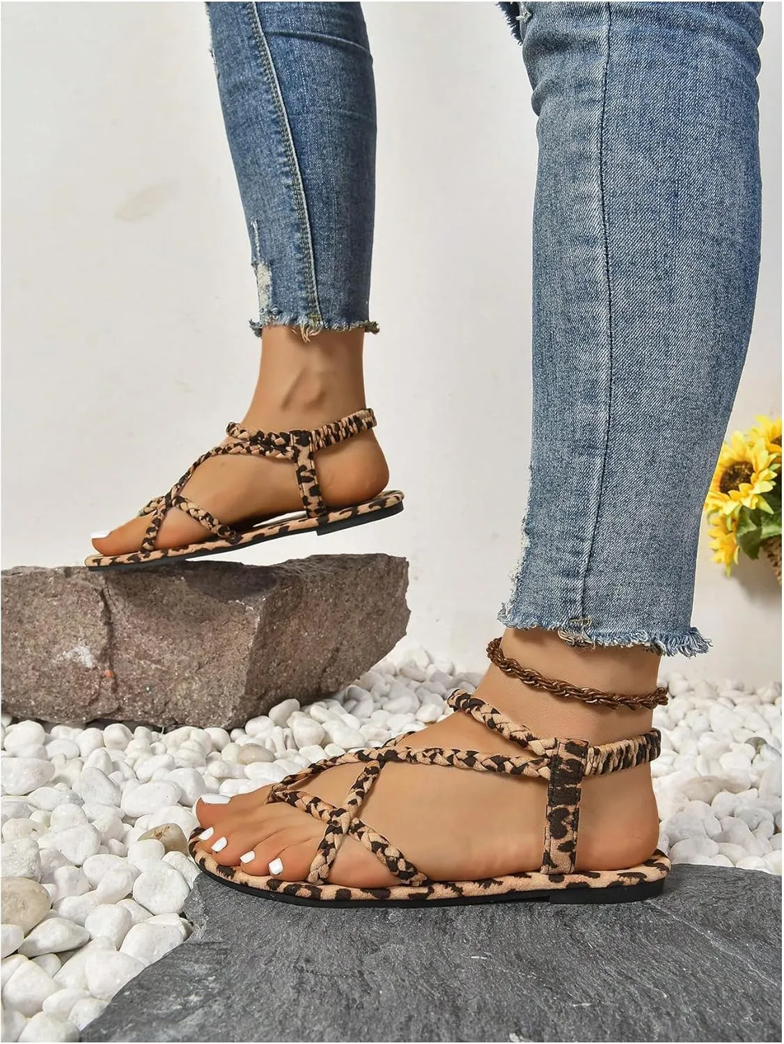 OYOANGLE Women's Leopard Print Flat Sandals Braided Criss Cross Strappy Open Toe Vacation Casual Sandal