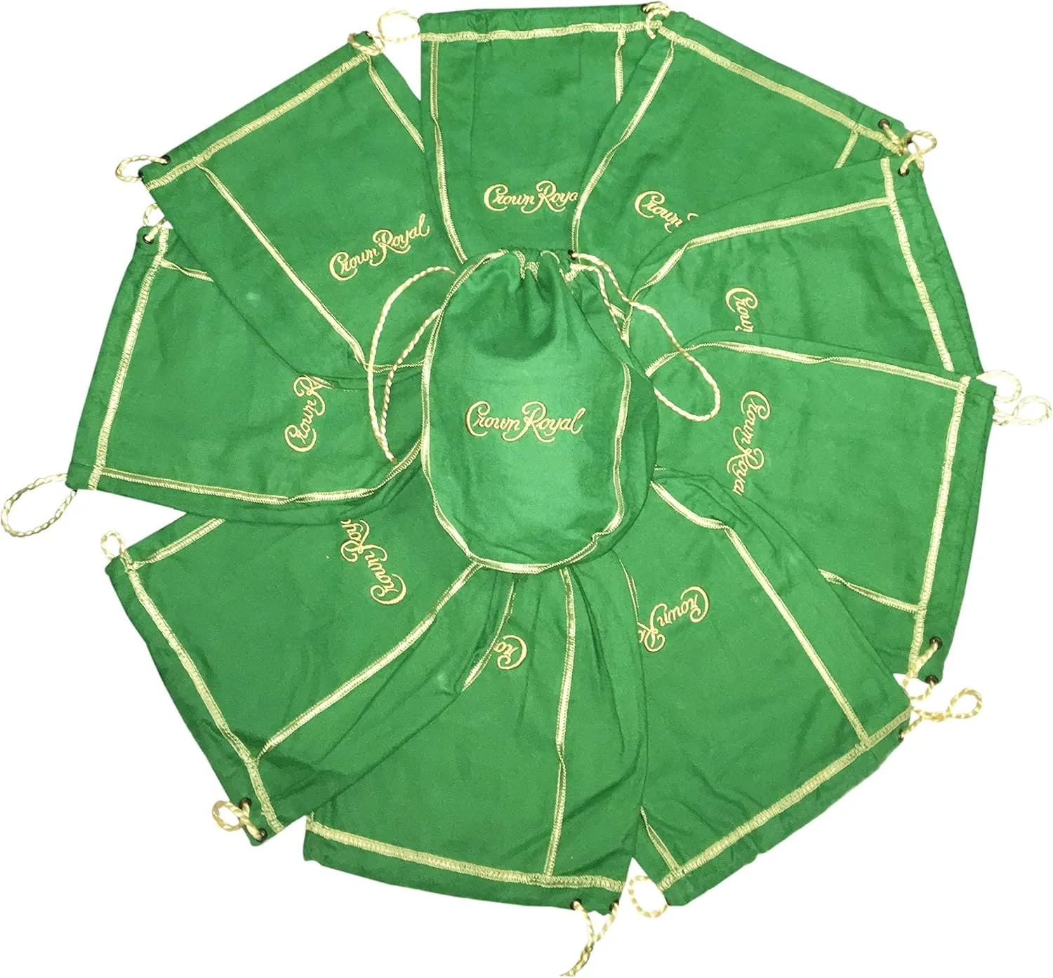 Pack of 10 Green Crown Royal Bags w/Gold Drawstrings from 1 Liter Bottles (9 inch x 5.5 inch) for Gift Bags, Carrying Card Games or Dice Bulk Fabric for quilting sewing or crafts (10)