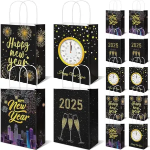 Pack of 24 Pack Happy New Year Gift Bags, Paper Goodie Bag With Handle,for 2025 NYE Party Favor Supplies, Black Gold,6.3”x3.1”x8.3”