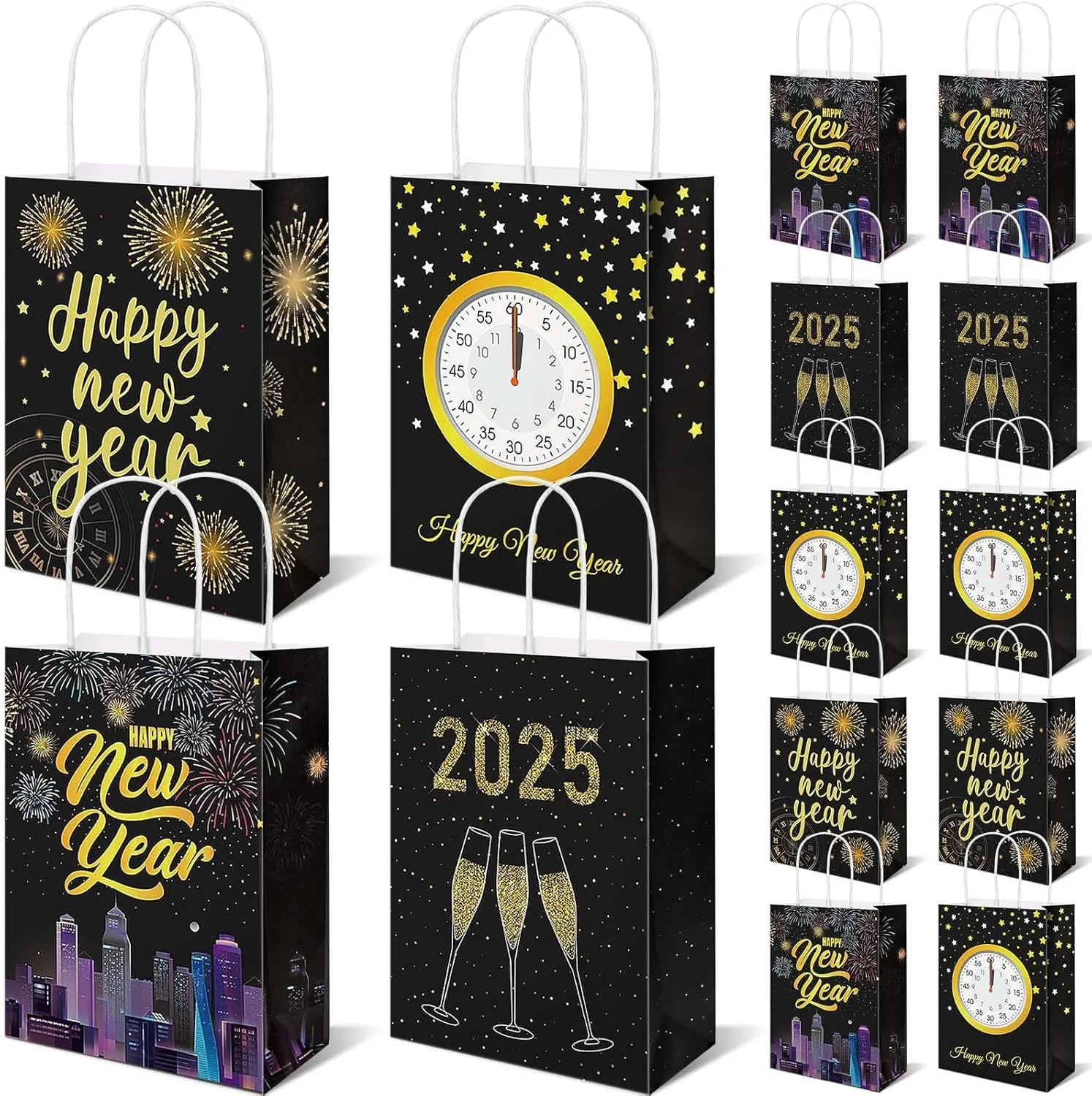 Pack of 24 Pack Happy New Year Gift Bags, Paper Goodie Bag With Handle,for 2025 NYE Party Favor Supplies, Black Gold,6.3”x3.1”x8.3”