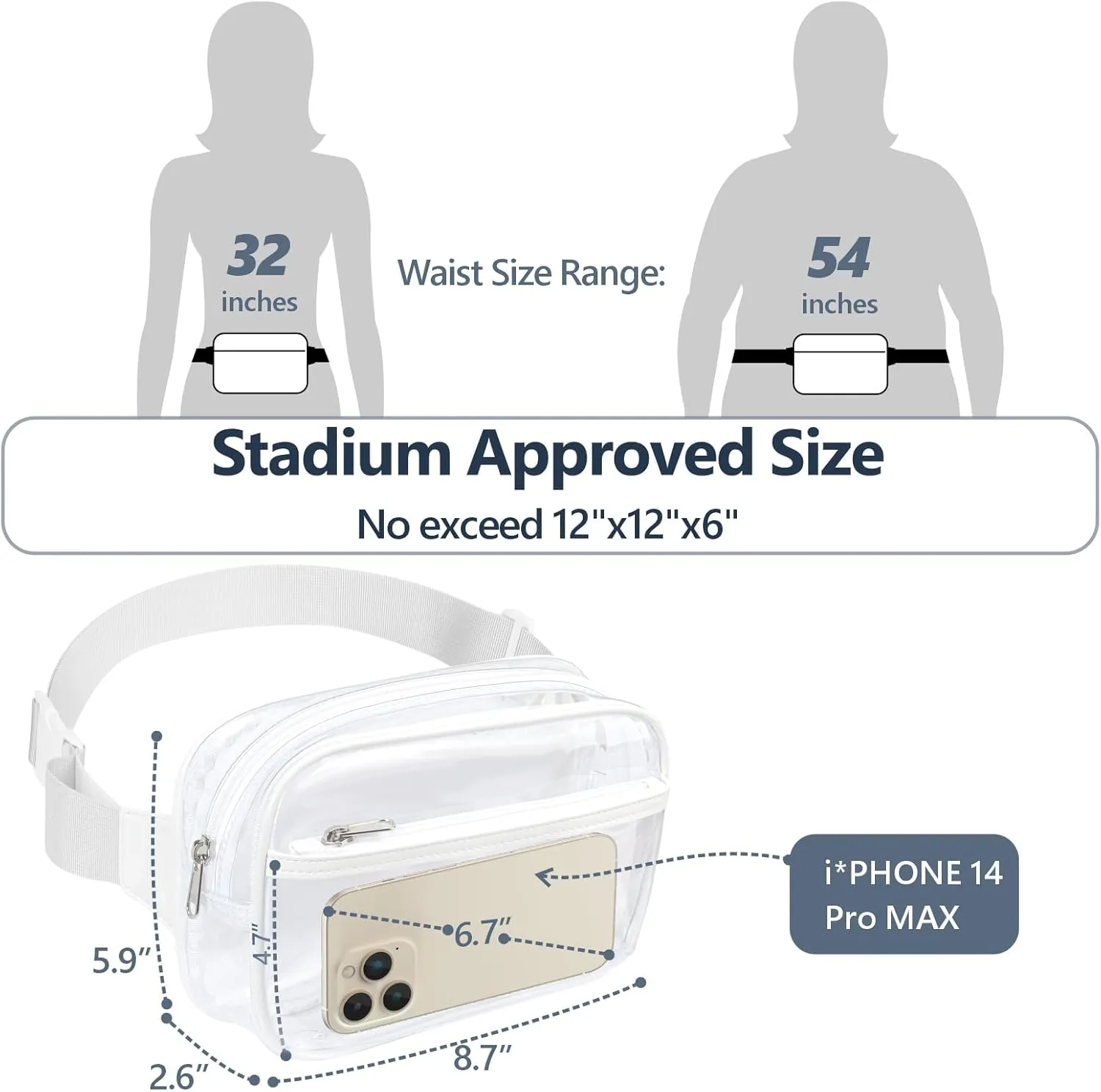 Packism Clear Fanny Pack Stadium Approved - 2 Pack Clear Belt Bag for Women Men Plus Size Transparent Waist Bag Crossbody with Adjustable Strap for Concerts, Sporting Events - White