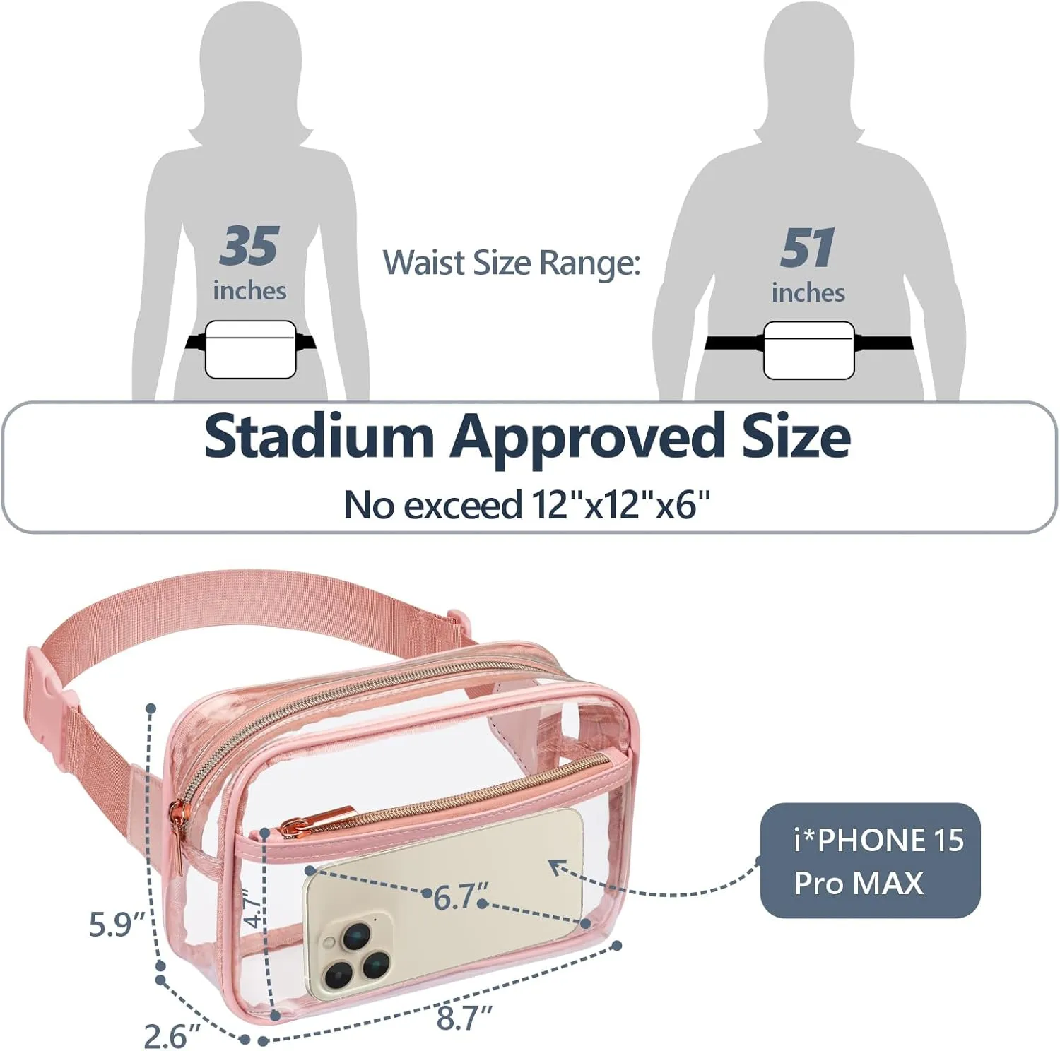 Packism Clear Fanny Pack Stadium Approved - Clear Belt Bag for Women Men Plus Size Transparent Waist Bag with Adjustable Strap for Concerts, Sporting Events - Pink