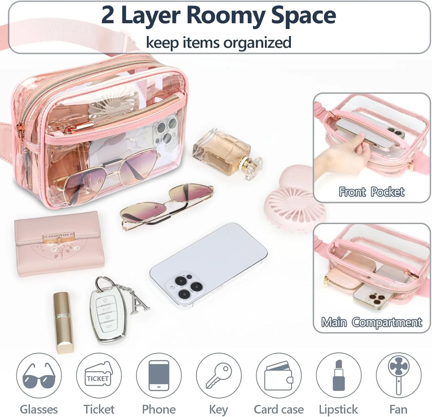 Packism Clear Fanny Pack Stadium Approved - Clear Belt Bag for Women Men Plus Size Transparent Waist Bag with Adjustable Strap for Concerts, Sporting Events - Pink