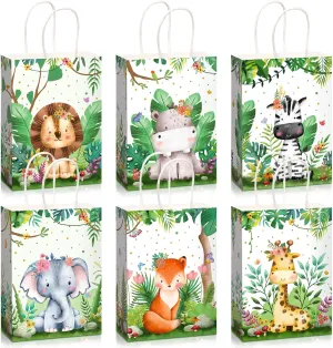 Pajean Safari Goodie Bags Jungle Animals Party Favor Bags with Handles Zoo Animals Print Candy Favors Woodland Gift for Baby Shower Wedding Birthday Jungle Themed Party Supplies(18 Pieces)
