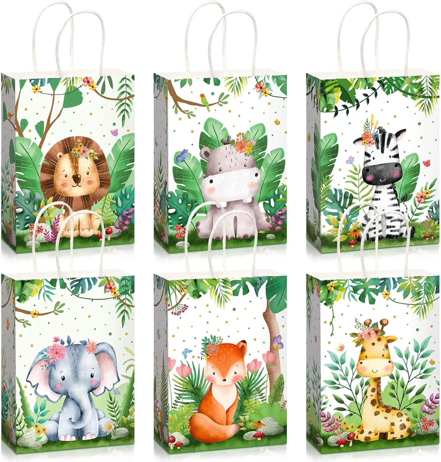 Pajean Safari Goodie Bags Jungle Animals Party Favor Bags with Handles Zoo Animals Print Candy Favors Woodland Gift for Baby Shower Wedding Birthday Jungle Themed Party Supplies(18 Pieces)