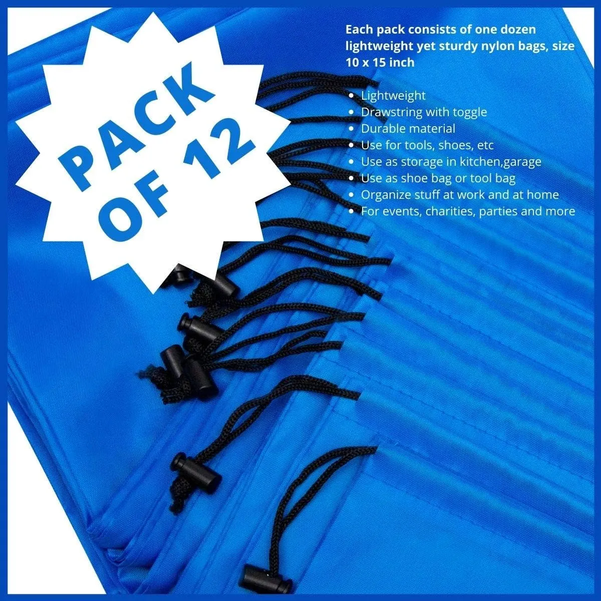 PALTERWEAR Drawstring Bag - Nylon Cinch and Ditty Stuff Pouch with Toggle (10 x 15-12 pack, Blue)