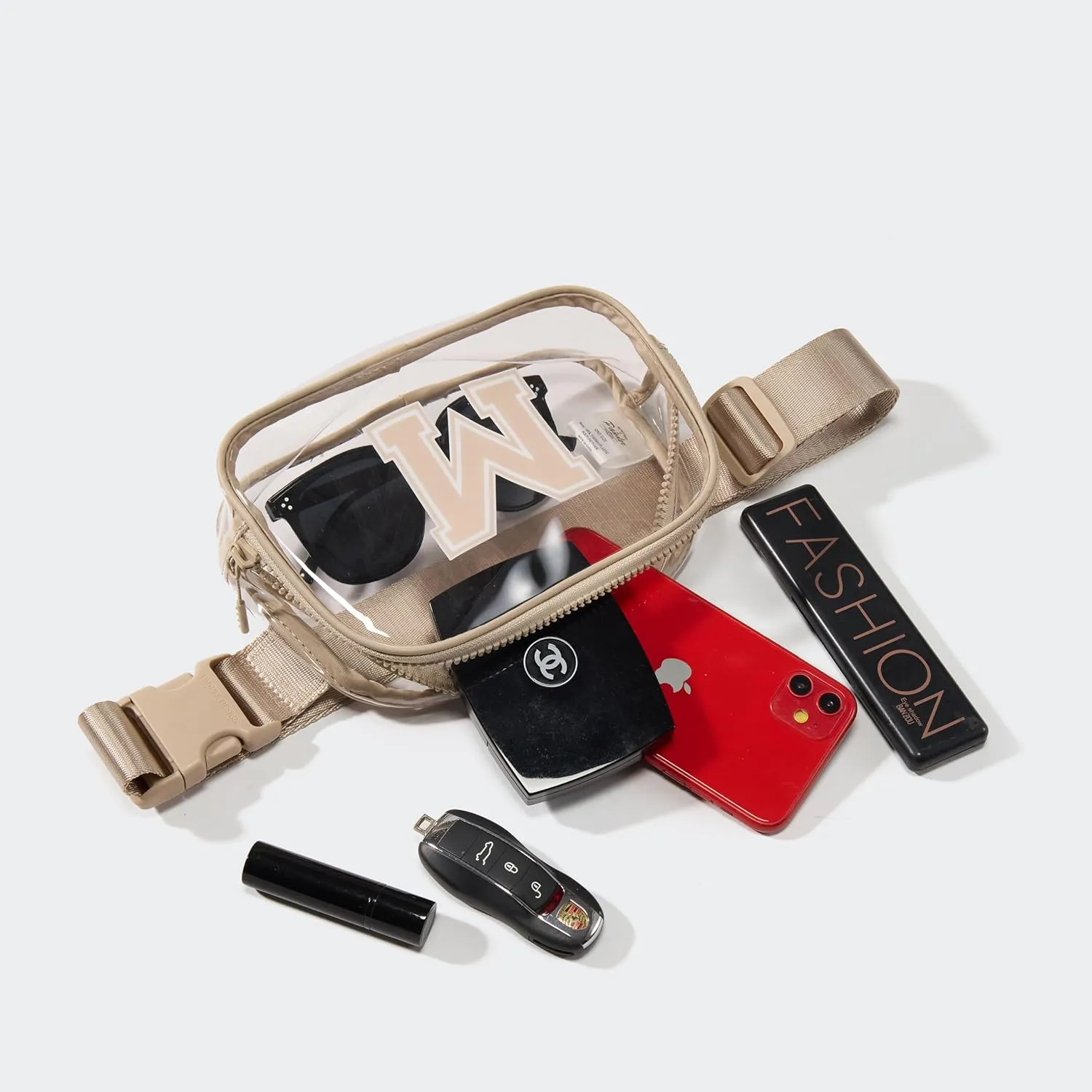 Pander Clear Small Belt Bag with Nylon Fabric Trim - Perfect for Game Day, Ballgame, Stadium Events Essentials - Raw Linen/M
