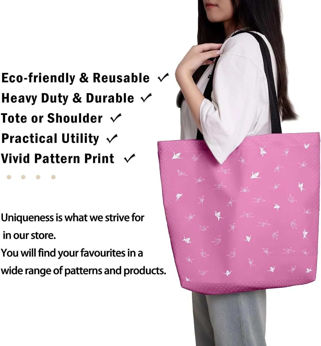 Paper Crane Canvas Bag Polka Dots Printed Canvas Bag Origami Canvas Tote Bag Geometric Grocery Shoulder Bag