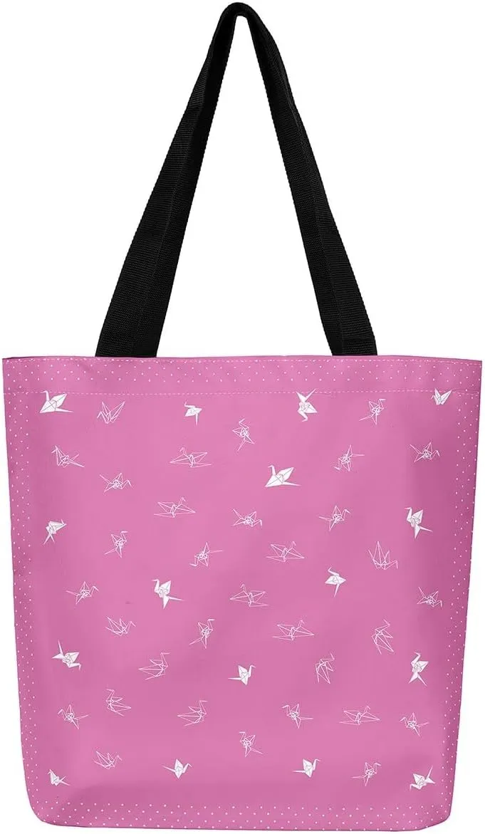 Paper Crane Canvas Bag Polka Dots Printed Canvas Bag Origami Canvas Tote Bag Geometric Grocery Shoulder Bag