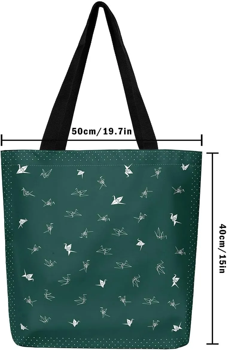 Paper Crane Canvas Bag Polka Dots Printed Canvas Bag Origami Canvas Tote Bag Geometric Grocery Shoulder Bag