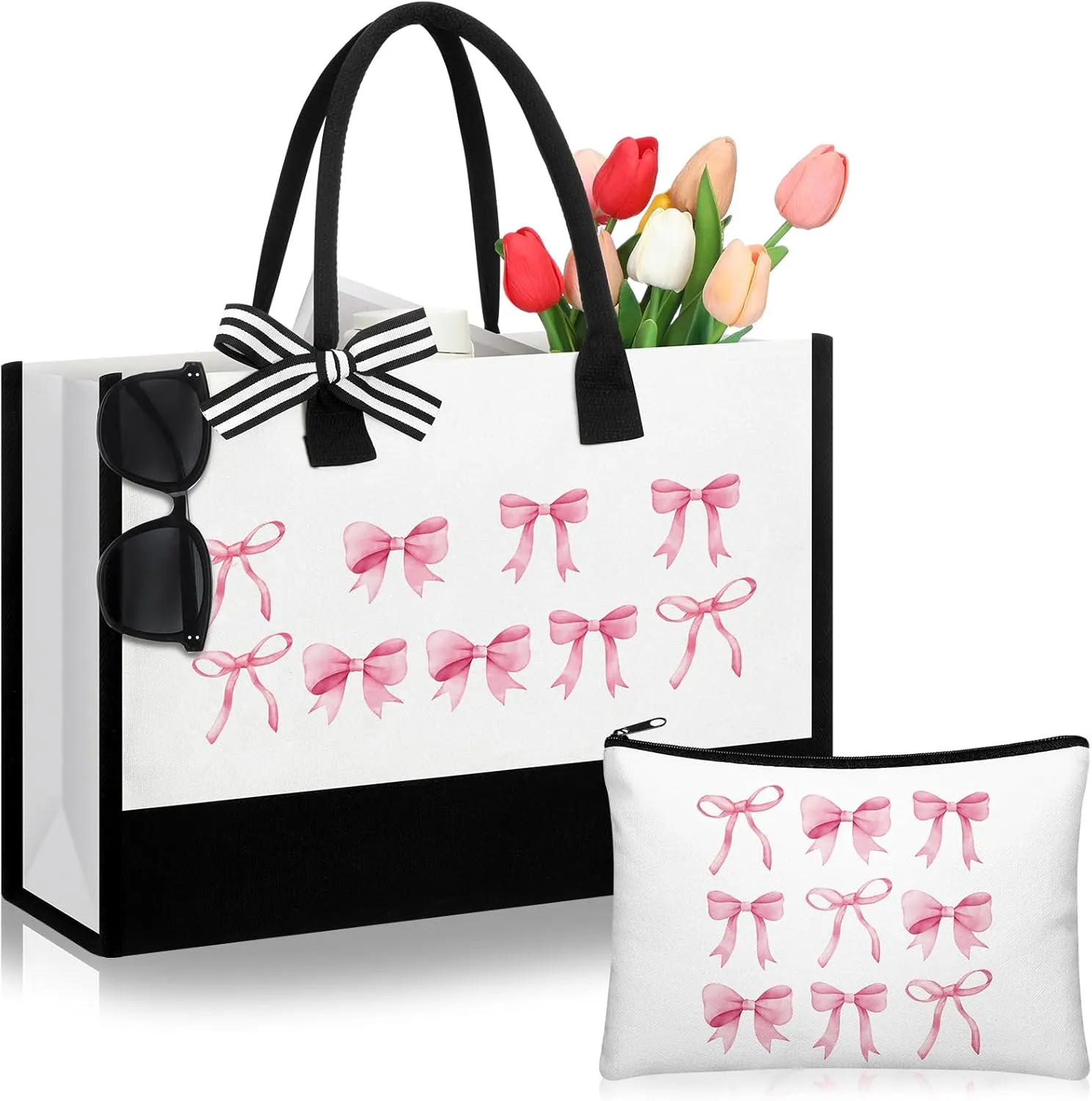 Paterr Mother's Day Gifts for Women 2 Pcs Coquette Tote Bag Pink Bow Makeup Bag Set for Wedding Coquette Stuff Bow Canvas Preppy Pouch Zipper Tote Gift for Party Favor Bridal Engagement Party Supplies