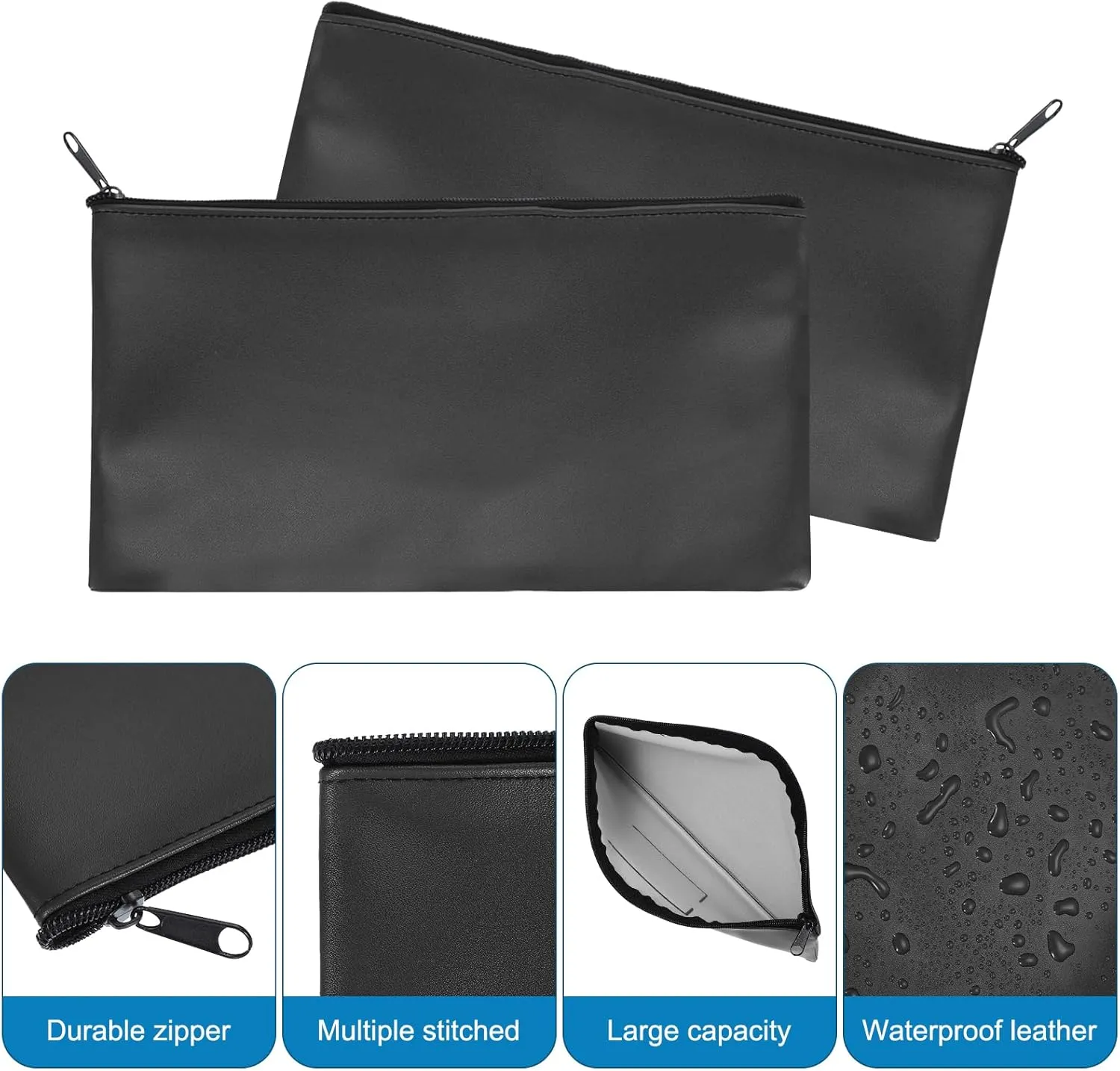 PATIKIL 4Pcs Black Oxford Fabric 11"x6" Zippered Bank Deposit Bags