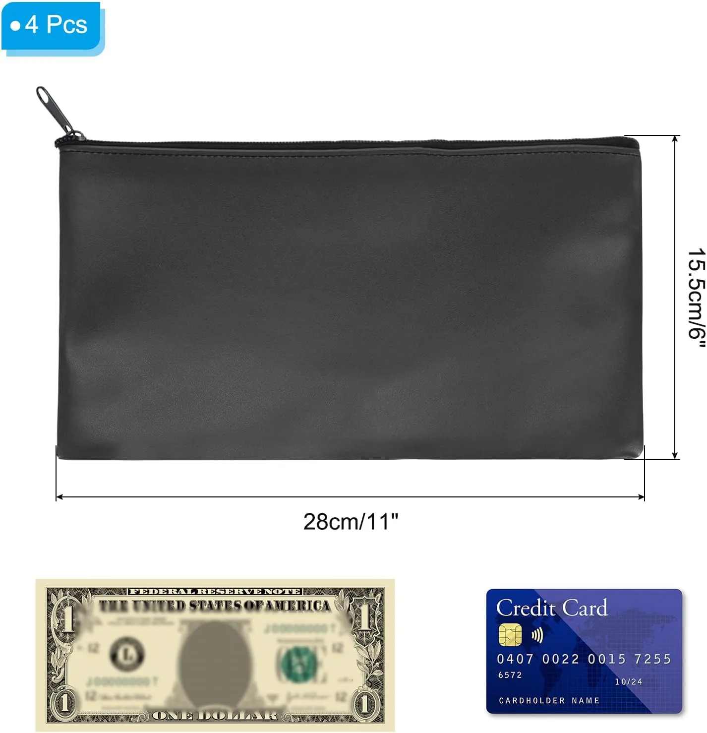 PATIKIL 4Pcs Black Oxford Fabric 11"x6" Zippered Bank Deposit Bags