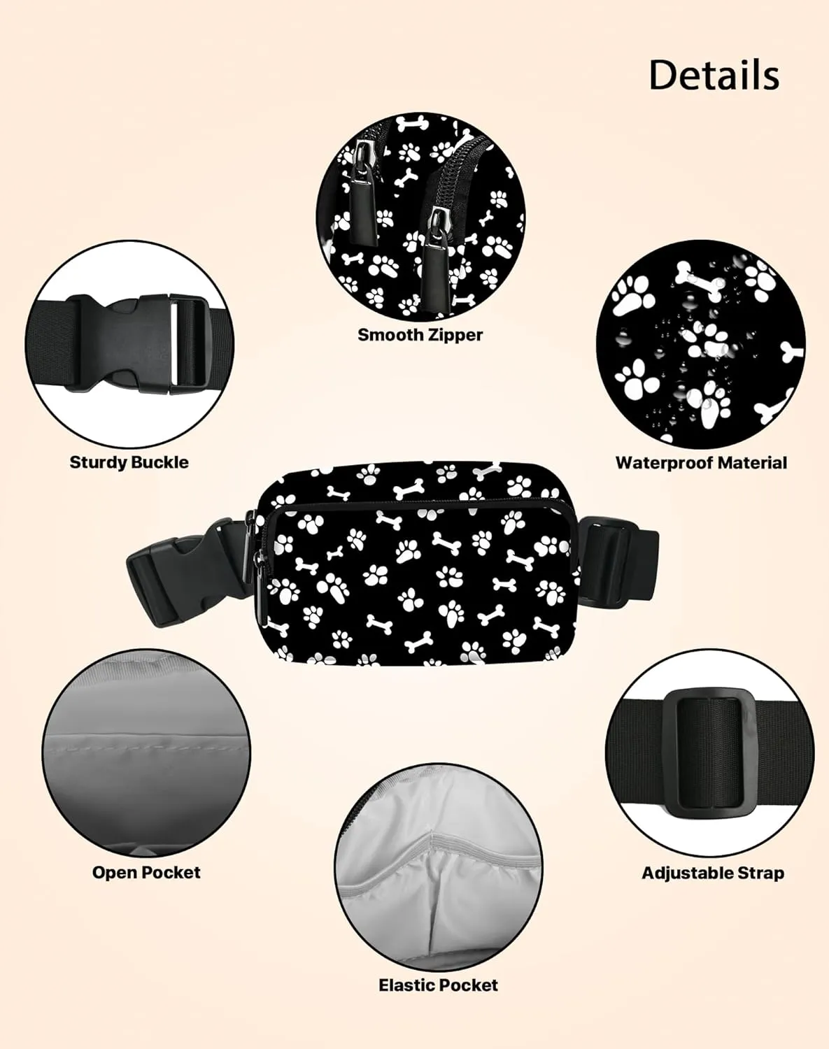 Paw Print Fanny Pack Fashion Belt Bag Lightweight Waist Pouch with Adjustable Strap Mini Crossbody Bags for Women Travel Sports Running