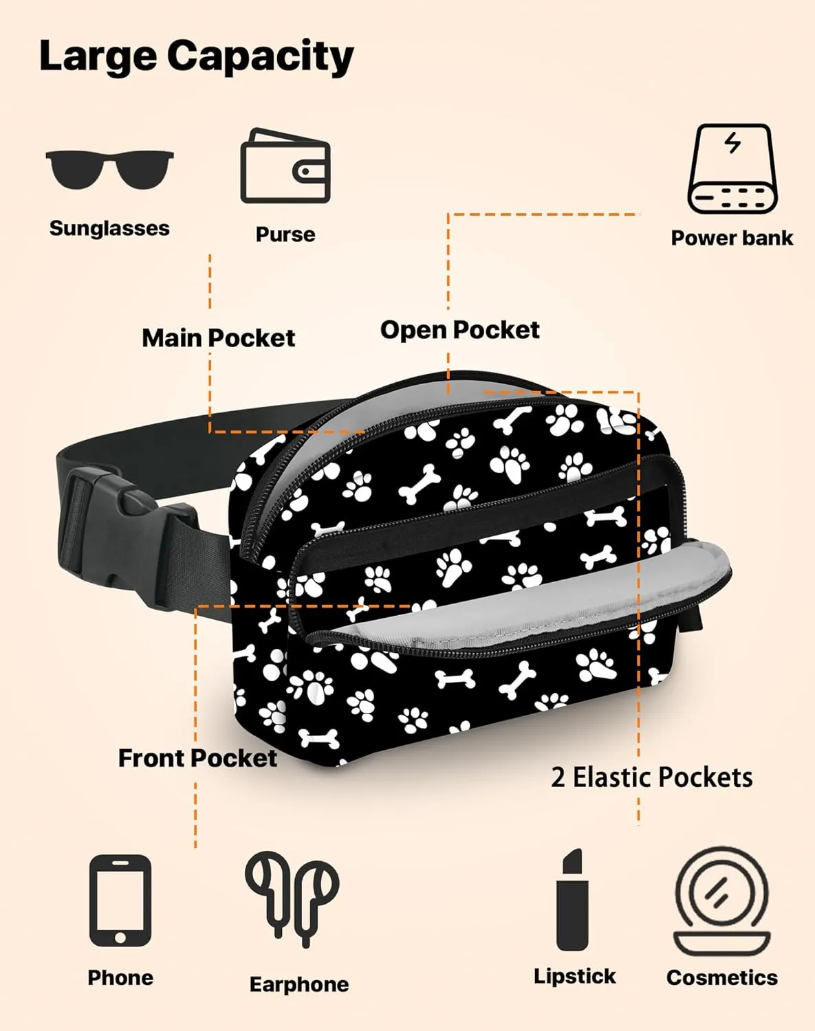 Paw Print Fanny Pack Fashion Belt Bag Lightweight Waist Pouch with Adjustable Strap Mini Crossbody Bags for Women Travel Sports Running