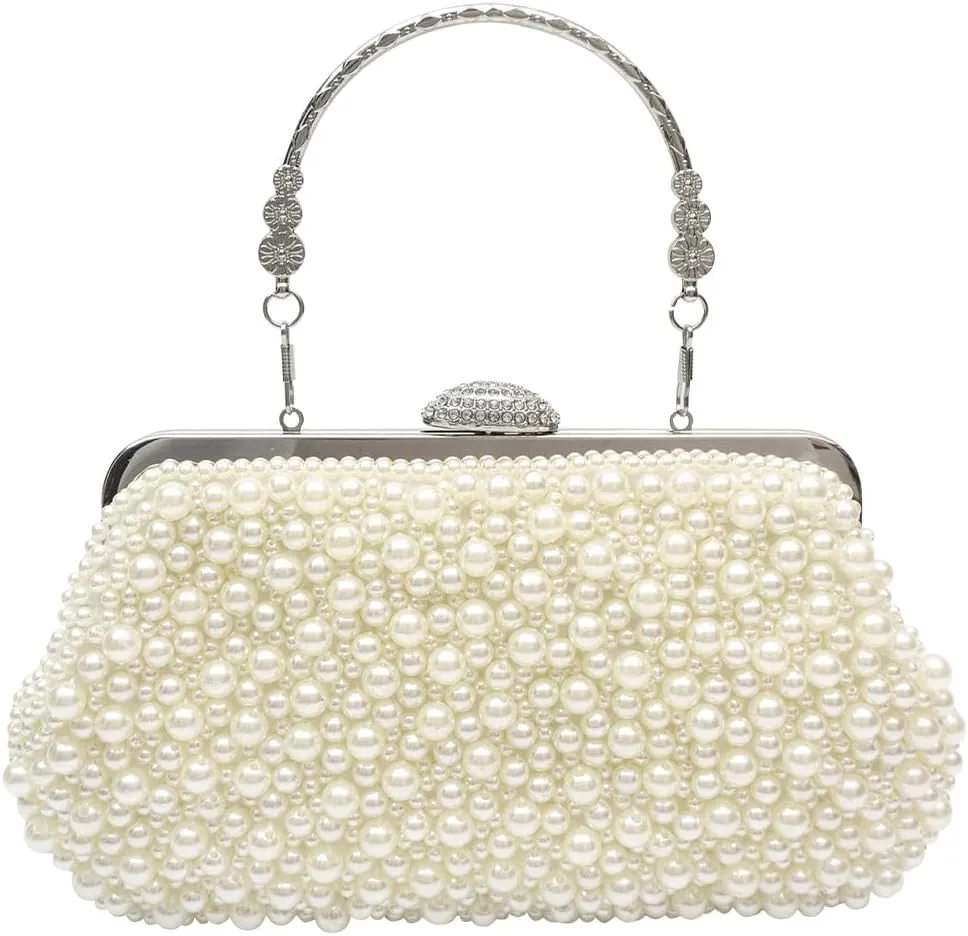 Pearl Evening Bag for Women Beaded Clutch Bag Bridal Wedding Purse Shoulder Bag with Detachable Chain Retro Handbag