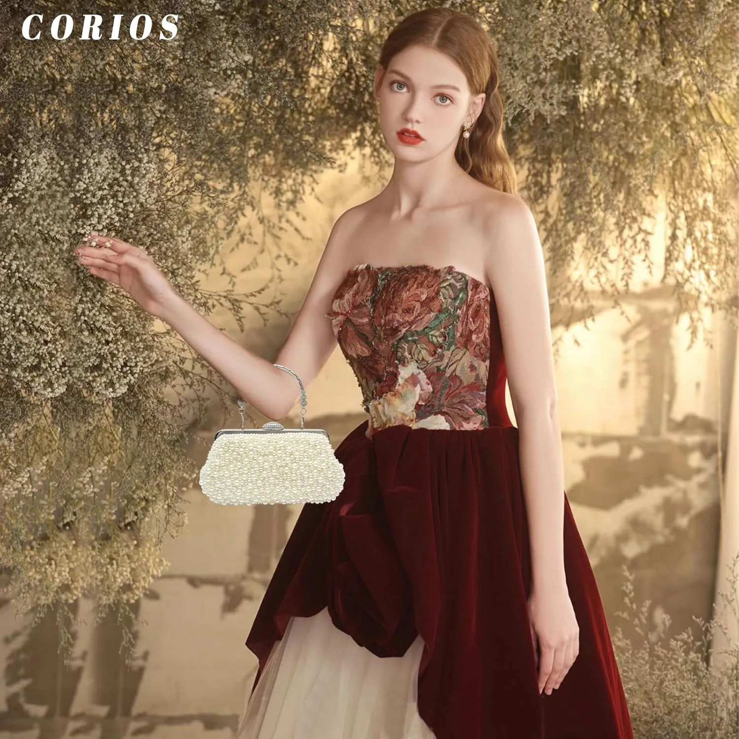 Pearl Evening Bag for Women Beaded Clutch Bag Bridal Wedding Purse Shoulder Bag with Detachable Chain Retro Handbag