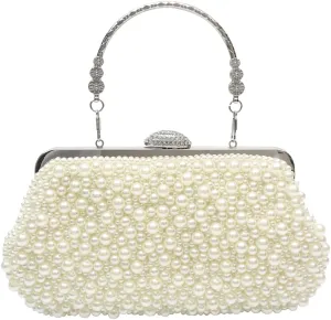 Pearl Evening Bag for Women Beaded Clutch Bag Bridal Wedding Purse Shoulder Bag with Detachable Chain Retro Handbag