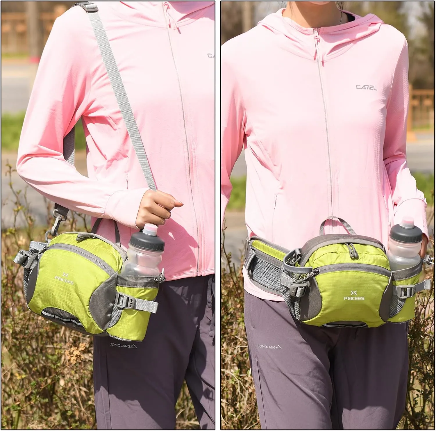Peicees Hiking Fanny Pack Large Waist Bag for Men Women with Bottle Holder Water Resistant Lumbar Pack for Hiking Camping Fishing Outdoor (Bottle Not Included)