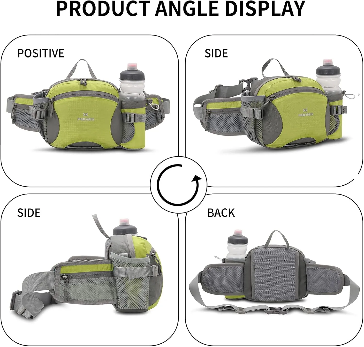 Peicees Hiking Fanny Pack Large Waist Bag for Men Women with Bottle Holder Water Resistant Lumbar Pack for Hiking Camping Fishing Outdoor (Bottle Not Included)